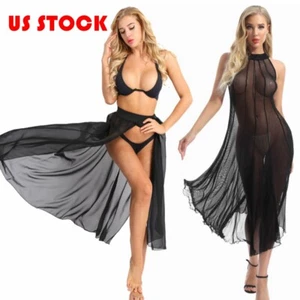 Sexy-women Beach Cover Ups Skirt Dress Bikini See Through Mesh Sheer Swimsuit - Picture 1 of 22