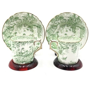 2 VTG 1940s Royal Crown Derby Green Aves Birds Demitasse Cup & Saucer Sets - Picture 1 of 14