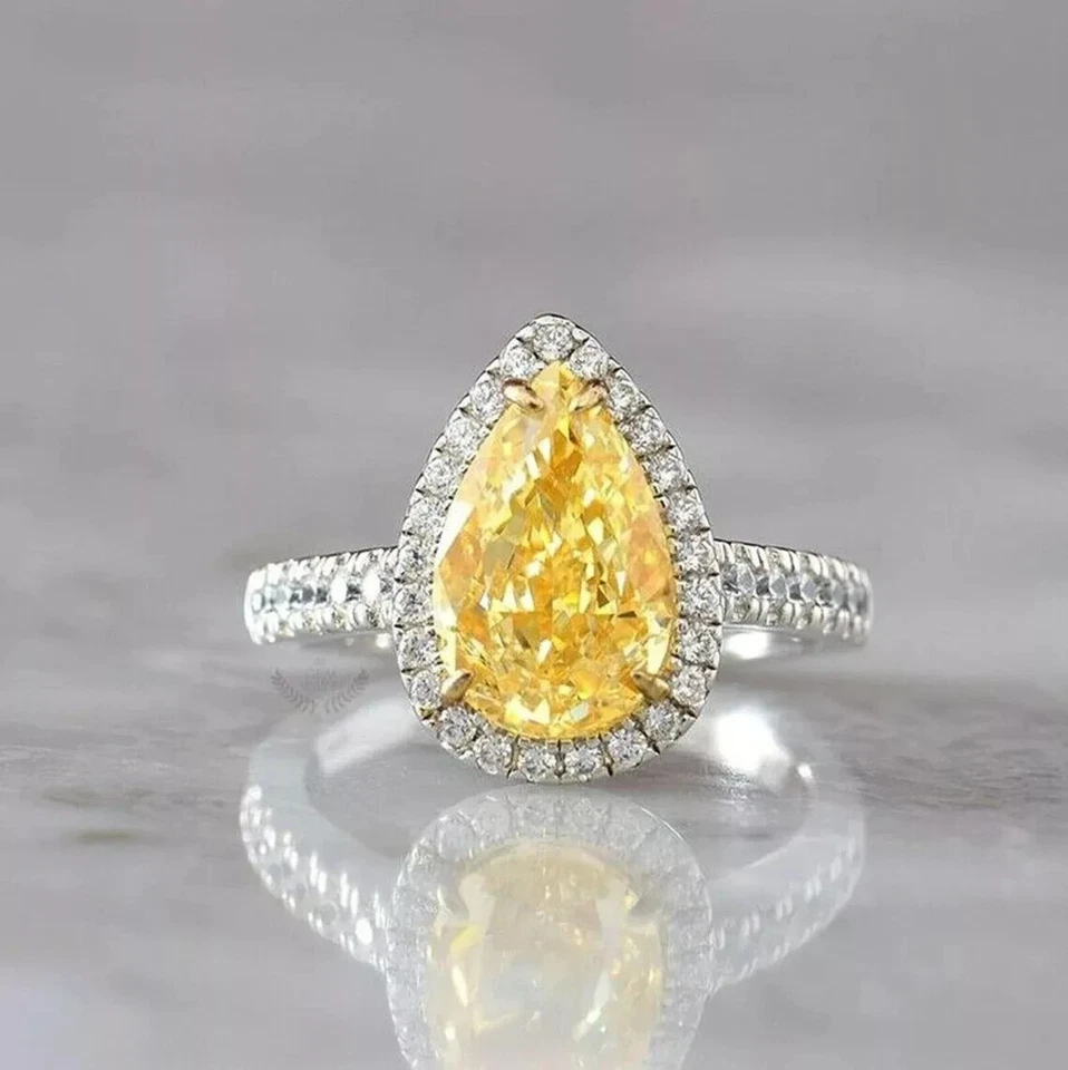 Art Deco Style Lab-Created Diamond Citrine Canary Ring For Her 14K White Gold FN - Image 1 of 4