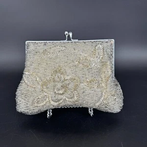 Vintage Mister Ernest Simon Clear Silver Seed Bead Clutch Mid Century Rhinestone - Picture 1 of 15
