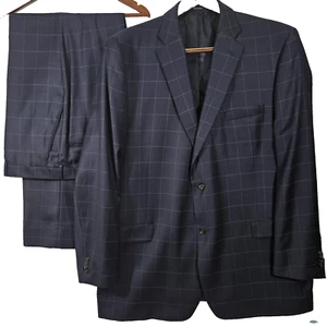 Vintage PAUL FREDRICK 2pc Mens Wool Suit Navy Windowpane Jacket 50L Pants 40x35 - Afbeelding 1 van 20