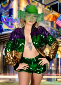Women's Mardi Gras Color Block Sequin Bomber Jacket - Picture 1 of 3