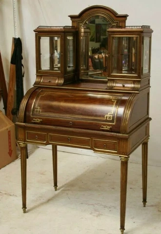 Antique French  Bonheur du Jour Ladies Writing Desk Cylinder 1800s Brass Gallery Cover
