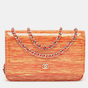 Chanel Orange/Yellow Stripe Patent and Leather CC Wallet On Chain
