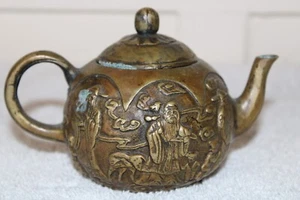 Antique Chinese Brass Metal Tea Pot Scholar Marked Taoist Scholar Scenes - Picture 1 of 19