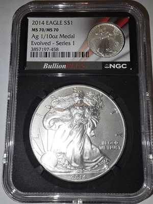 2014 EAGLE S$1 MS70/MS70 AG 1/10 OZ MEDAL EVOLVED SERIES 1 BULLION PLUS - Image 1 of 2