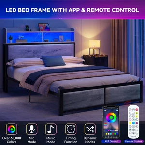 Double Bed Frame LED Headboard USB Charging Metal Platform 2 Storage Shelves - Picture 1 of 7