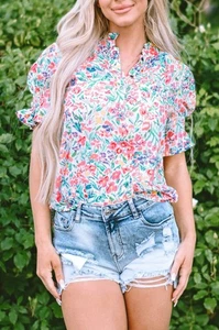 Blusa Azaria Estampado Floral Botón Cuello Dividido Manga Abullonada - Imagen 1 de 5