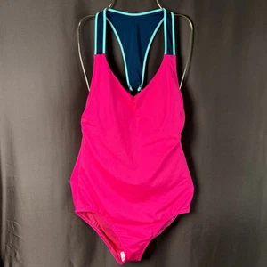 Traje de baño Lands' End para mujer 10 rosa/azul marino cuello en V espalda deportiva de una pieza - Imagen 1 de 8