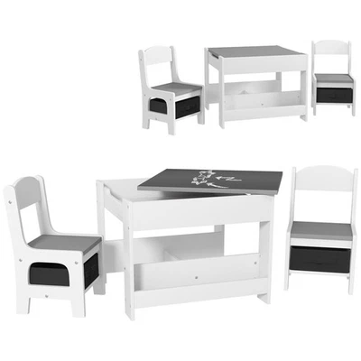3 Piece Kids Table Chair Set 2 in 1 Reversible Tabletop Blackboard Storage Gray - Image 1 of 4