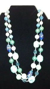 Vintage Japan or Germany Blue Swirl Art Glass Faceted Crystal 2 Strand Choker - Picture 1 of 12