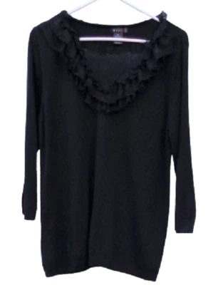 Blusa Top Tejida Mezcla Seda Negra Cuello en V Volantes Ribete de Encaje Manga 1X 3/4 Elastizada Foto 1 de 3