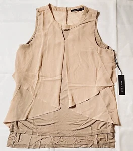 NEW Anthropologie Doe & Rae SZ M Tan Layered Cut Out Shoulder Jewel Neck Blouse - Picture 1 of 5