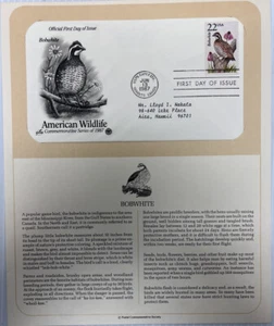 American Wildlife Mail Cover FDC & Info Sheet Bobwhite 1987 - Picture 1 of 3