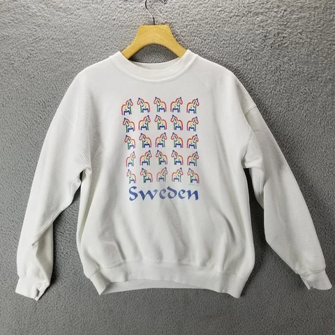 Vintage Sweden Sweatshirt Crewneck Adult Large White Rainbow Horses Faded Cover