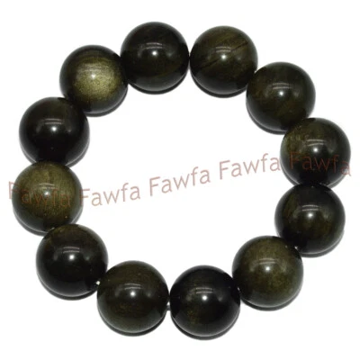 Nuevo Enorme Brazalete Elástico Cuentas Gemas Redondas Obsidiana Ojo Oro Natural 18mm 7.5"" Foto 1 de 4