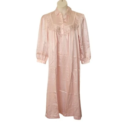 Camisón largo de satén rosa Nicole vintage cuello de encaje puños M Regencia eduardiana Foto 1 de 4