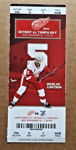 Red Wings Nicklas Lidstrom ticket stub Nov 30, 2011 - Wings vs Tampa Bay Cover