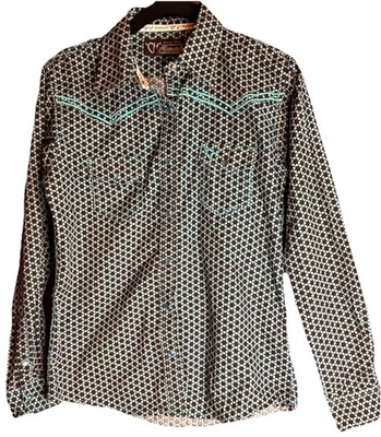 女牛仔五金衬衫 YXL 绿松石钻石阿兹特克西部 Snap Rodeo — 第 1/4 张图片