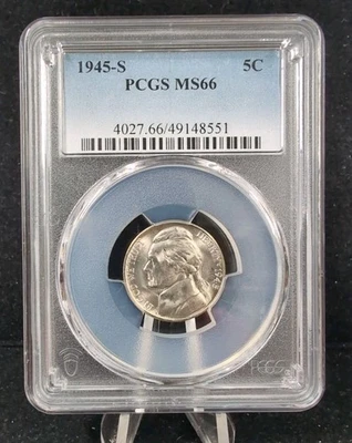 1945-S 5C JEFFERSON NICKEL 35% Silver PCGS MS66 #5769 - Image 1 of 2