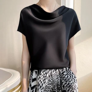 Women Summer Silk Satin Blouse Shirt Short Sleeve Tops Casual Solid T-Shirts - Imagen 1 de 16