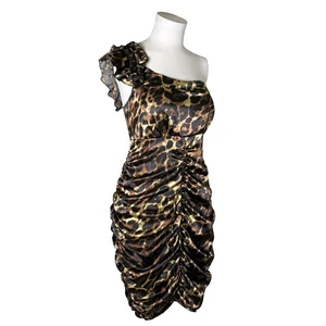 Sz 16 Vintage Y2K Satin Cheetah Print Dress Ruched Cocktail One Shoulder Ruffle - Picture 1 of 9
