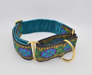 13-18" Adjustable Lined Martingale Dog Collar 1.5" Wide Turquoise Floral/Brass - Picture 1 of 2
