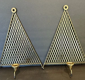 Vintage Gold Metal Triangle Taper Candle Holder MCM Wall Or Table Top Pair - Picture 1 of 6