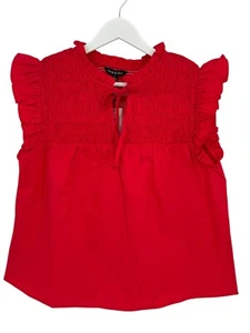 Strut & Bolt Smocked Bodice Top Red Size L Flutter Cap Sleeve Tie Front NWT - Picture 1 of 11