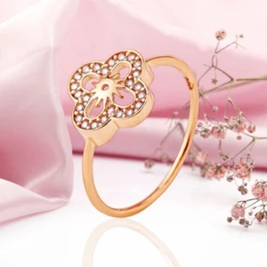 ANILLO con Circonita Cúbica Trébol Flor Oro Rosa 585 Nuevo con Etiqueta - Imagen 1 de 2