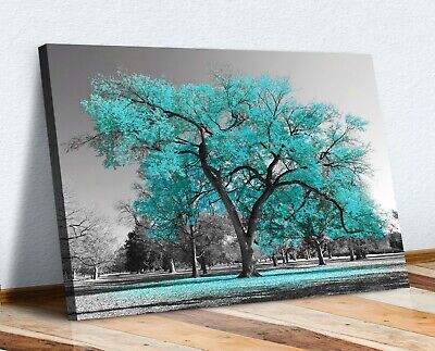 Large Tree Teal Turquoise Leaves Black White Canvas Wall Art Picture Print • 18.60£