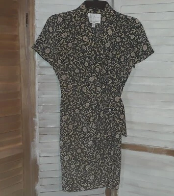 ADRIANNA PAPELL Dress Size 4P 100% Silk Faux Wrap Botanical Floral Blue Green  - Image 1 of 4