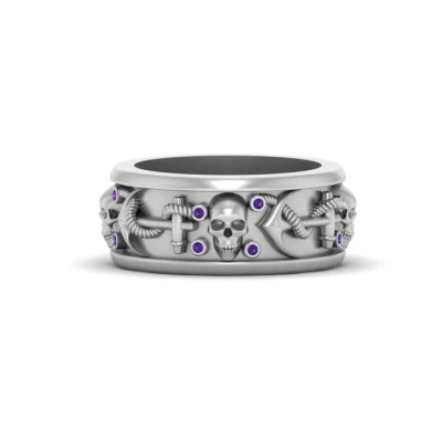 0.20CT Purple Amethyst Skull Anchor Wedding Band Silver Skull Biker Ring For Men - Image 1 of 4