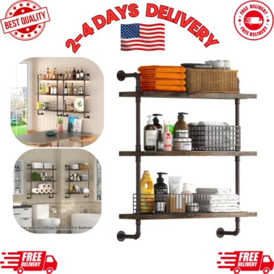 3-Tier Industrial Pipe Shelves, Rustic Wood Wall Shelf for Kitchen, Home (24") - Image 1 of 4