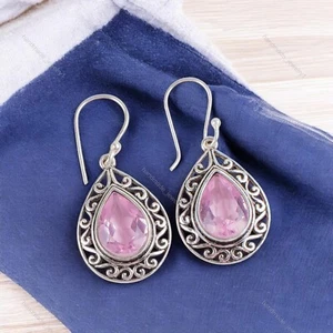 925 Sterling Silver Pear Morganite Gemstone Daughter Handmade Dangling Earrings - Picture 1 of 4