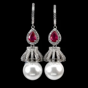 925 Sterling Silver Earrings Pear Ruby 7x5mm Mother Of Pearl Gemstone Jewelry - Picture 1 of 14