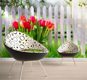 Tulips Grass Fence Flowers 3D Full Wall Mural Photo Wallpaper Printed Home Decor - Picture 1 of 9