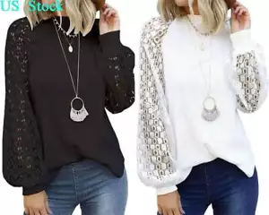 Women Long Sleeve Tops Lace Casual Loose Blouses T Shirts Round Neck Stitching - Picture 1 of 12
