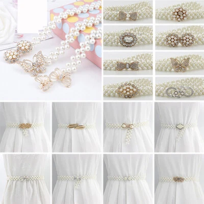 Cintura Elastica Da Donna Con Fibbia Di Strass E Perle Vita Sottile Catena ☆ - Immagine 1 di 4