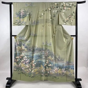 Woman Japanese Kimono Houmongi Silk Landscape Chrysanthemum Gray green 160cm - Picture 1 of 5