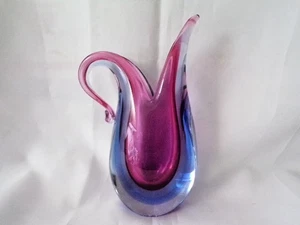 Murano Art Glass Sommerso Fuchsia Blue Pitcher Vase w/ Pulled Spout Flavio Poli? - Picture 1 of 9