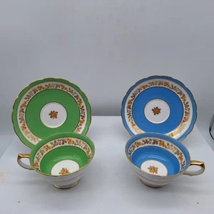 2 Teacups Saucers Grosvenor Jackson Gosling Bone China Green / Blue Gold Leaves - Picture 1 of 14