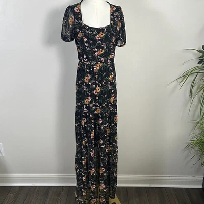 Vestido femenino manga corta acanalado floral caprichoso de malla transparente para mujer M Foto 1 de 4