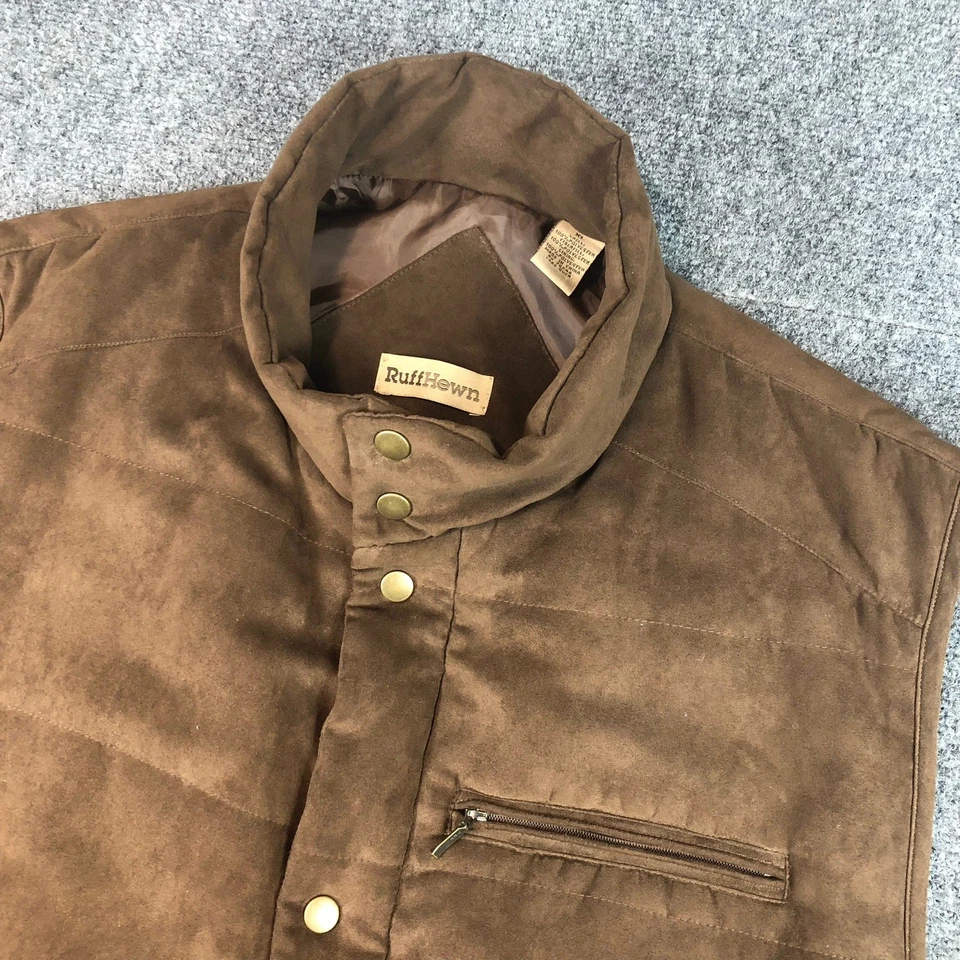 Chaleco acolchado tallado con volantes para hombre marrón gamuza look bolsillos con cremallera completa cuello alto Foto 1 de 4