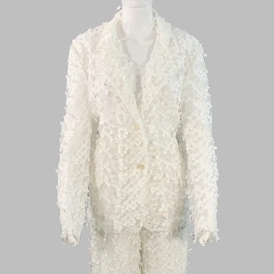CYNTHIA ROWLEY Size M White Polyester Lace Peak Lapel Pantsuit - Image 1 of 4