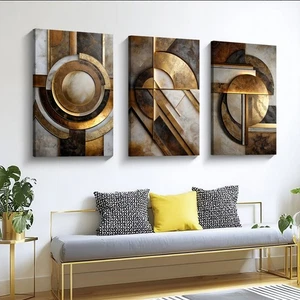 Leinwand Bilder 3er Set Abstrakt Geometrisch Gold Metall Optik Wandkunst  8601 - Bild 1 von 10