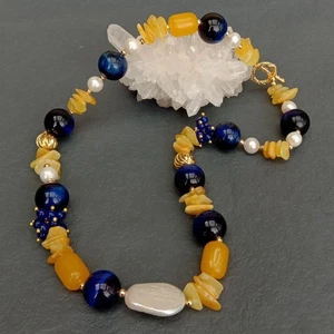 Freshwater White Pearl Natural Amber Blue Tiger Eye Choker Necklace - Picture 1 of 6