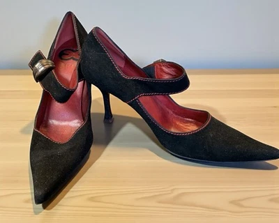 Vintage ESCADA black Suede Red Trim Ladies Strap Shoes  Size 38 - Image 1 of 4