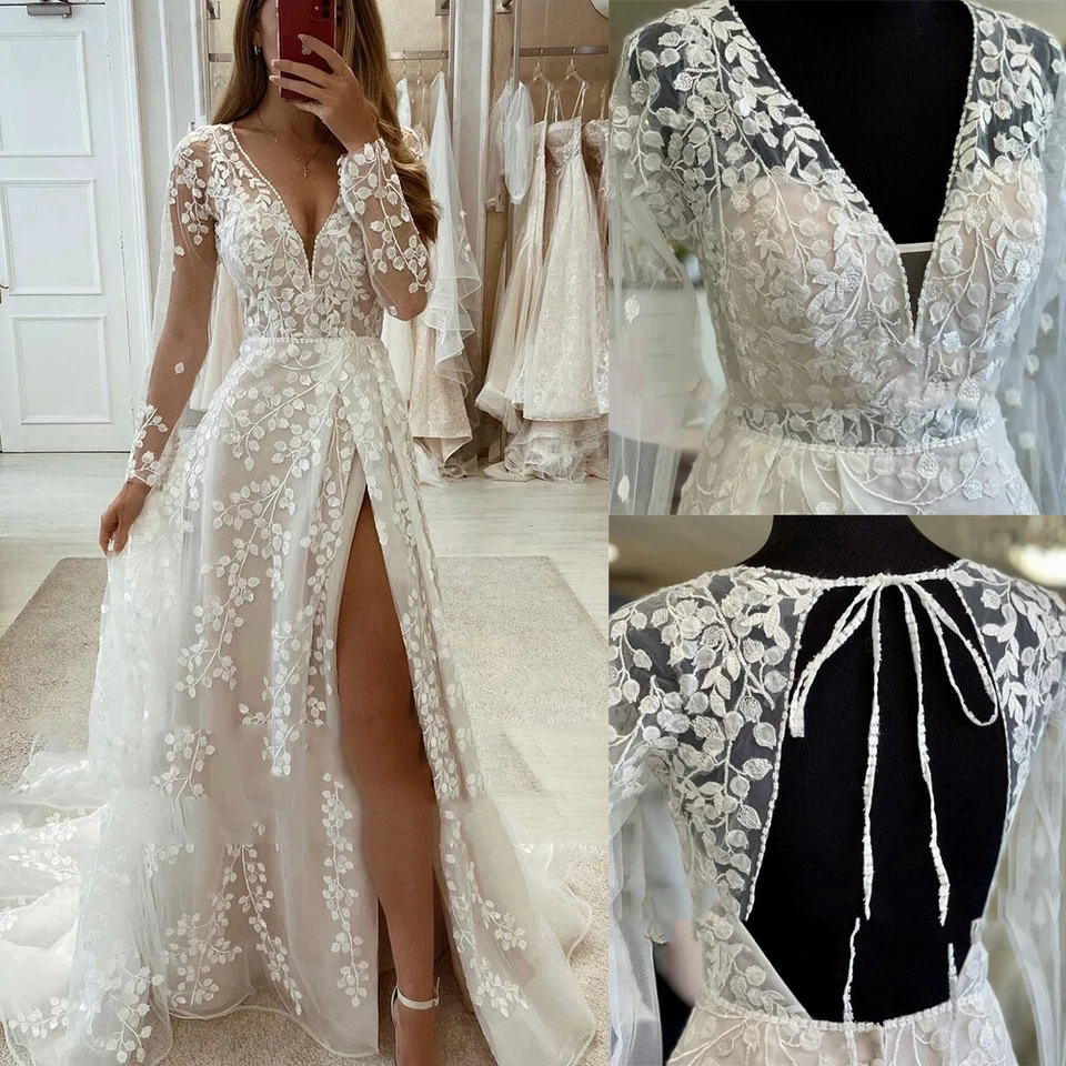 Boho Wedding Dress with Side Split Long Sleeve V Neck Backless Beach Bridal Gown - Image 1 of 4