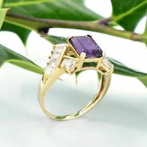3Ct Emerald Cut Amethyst&Diamond Solitaire Engagement Ring 14K Yellow Gold Over